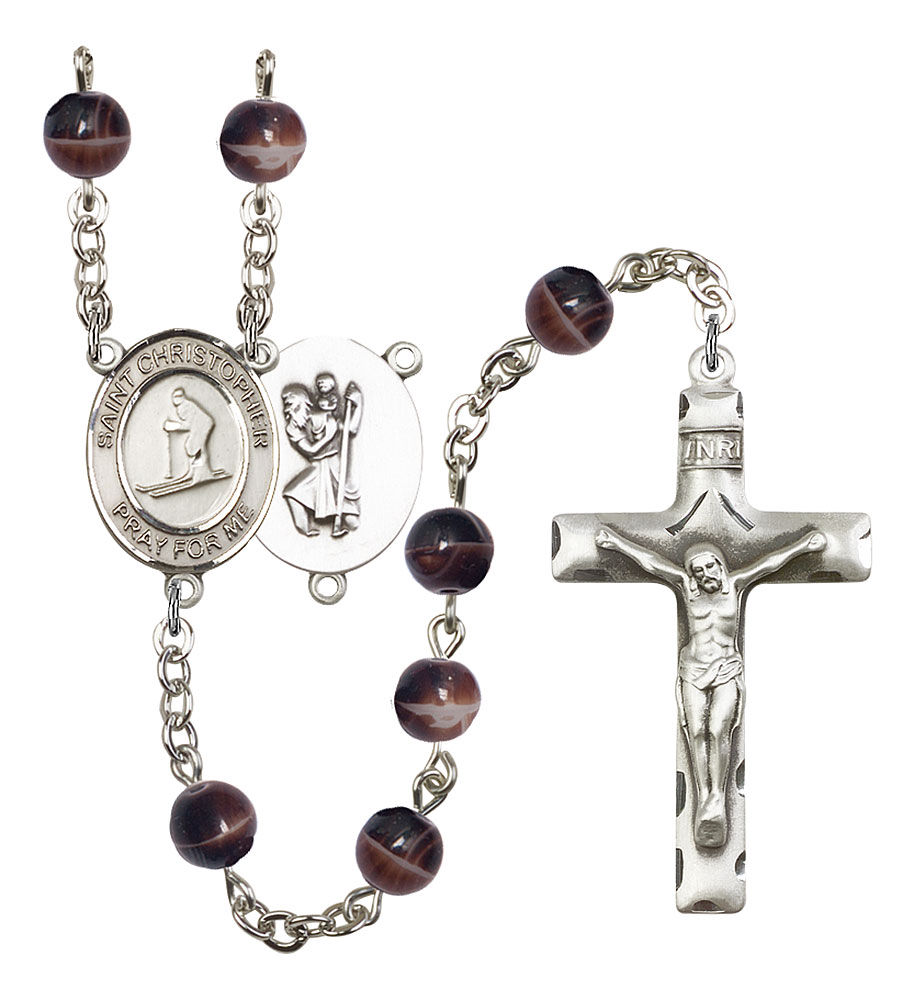 Saint Christopher and Skiing Rosary with Brown Beads