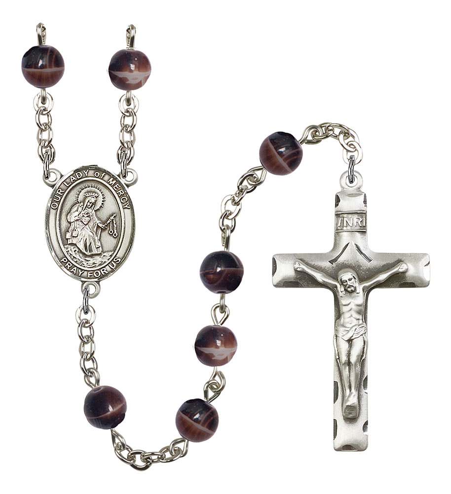 Our Lady of Mercy Engravable Rosary with Brown Beads