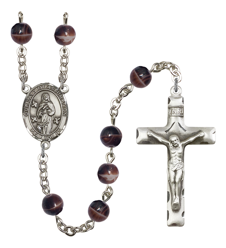 Our Lady of Assumption Engravable Rosary with Brown Beads