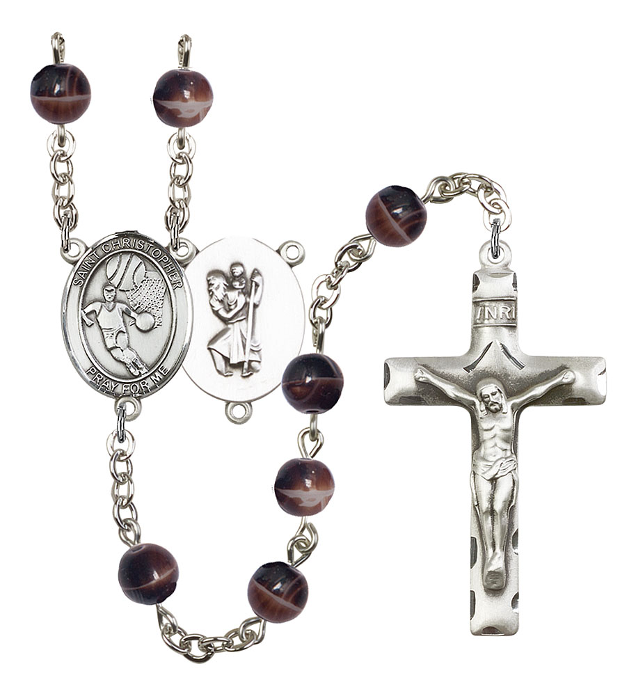 Saint Christopher and Basketball Rosary with Brown Beads