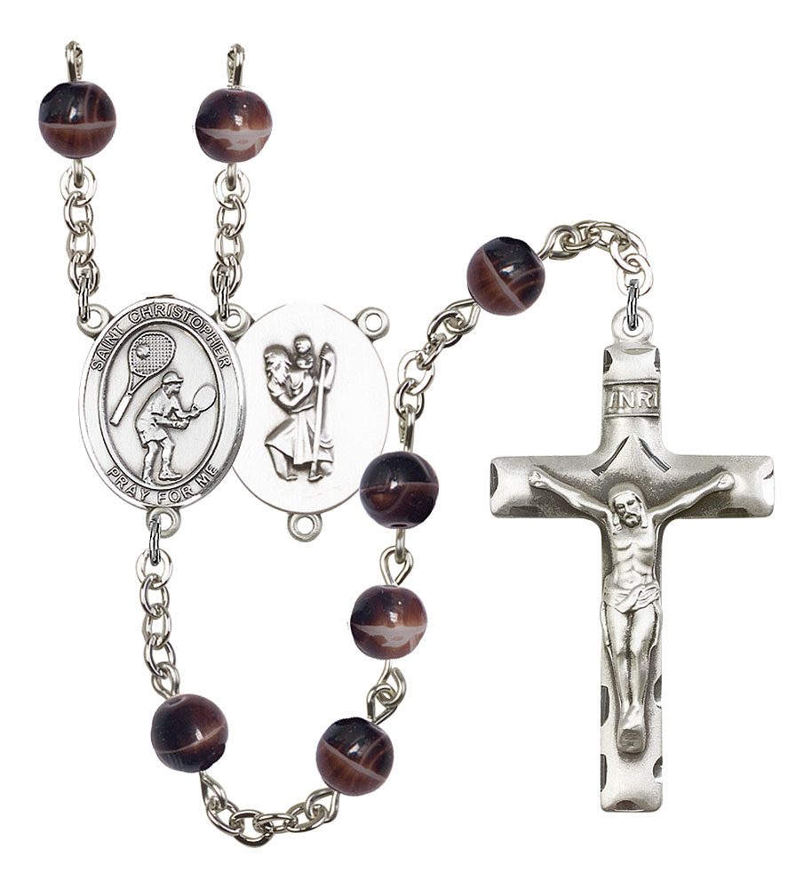Saint Christopher and Tennis Rosary with Brown Beads