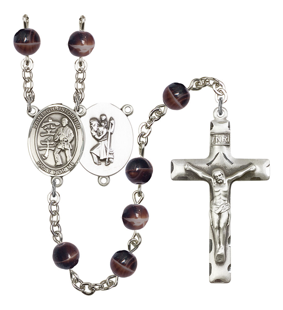 Saint Christopher and Karate Rosary with Brown Beads
