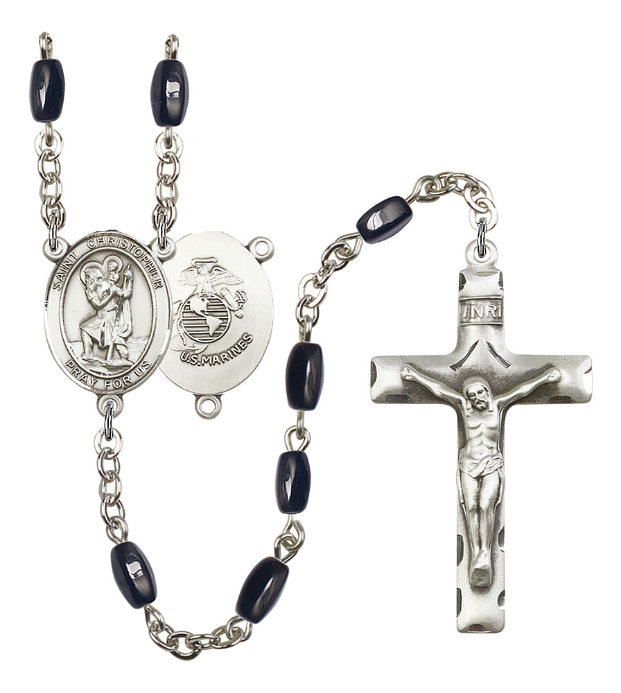 Saint Christopher and Marines Rosary with Black Onyx Beads