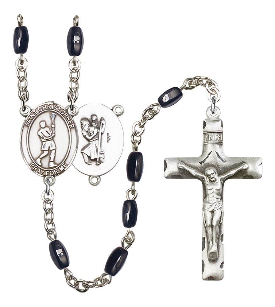 Saint Christopher and Lacrosse Rosary with Black Onyx Beads