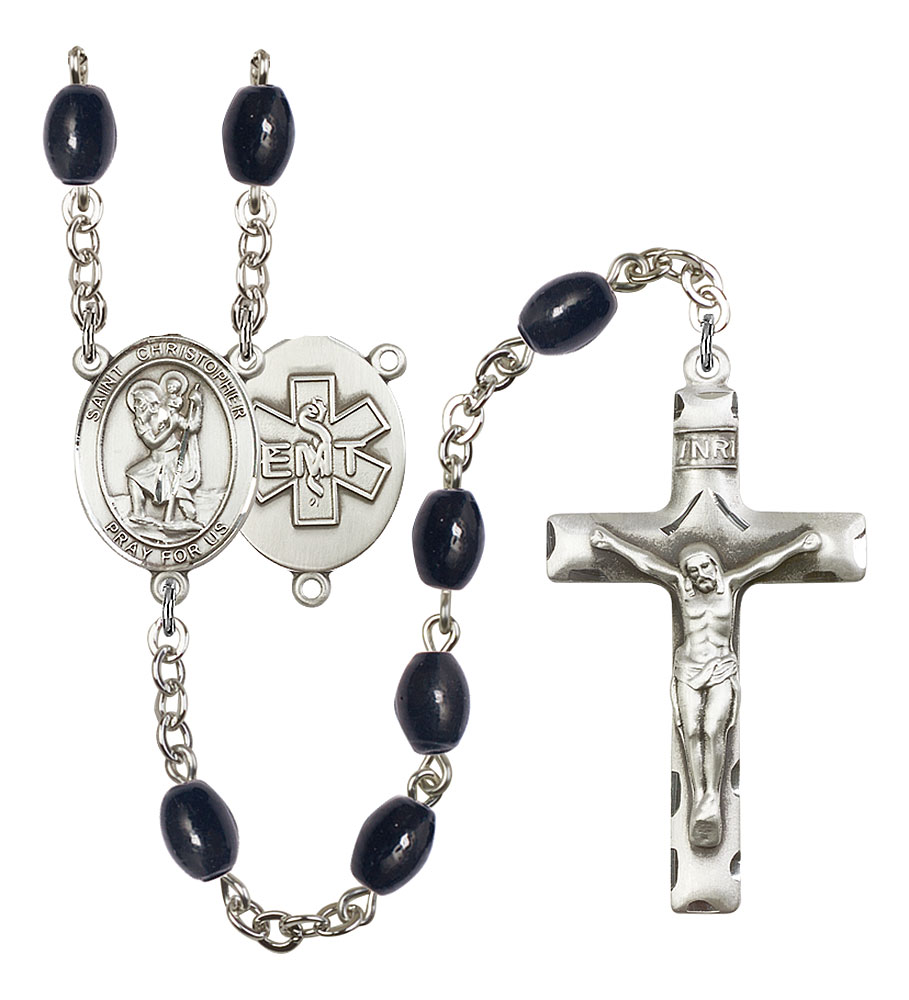 Saint Christopher and EMT Rosary with 8X6mm Black Onyx Beads