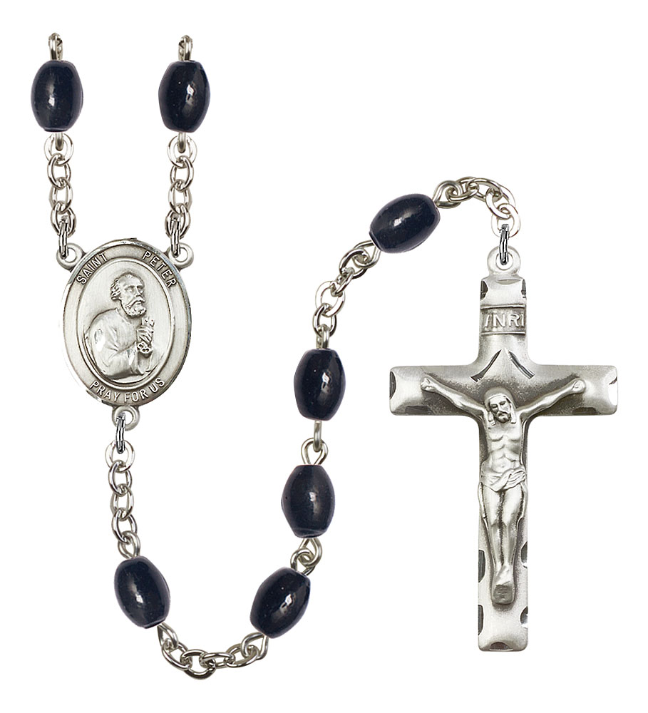 Saint Peter the Apostle Engravable Rosary with 8X6mm Black Onyx Beads