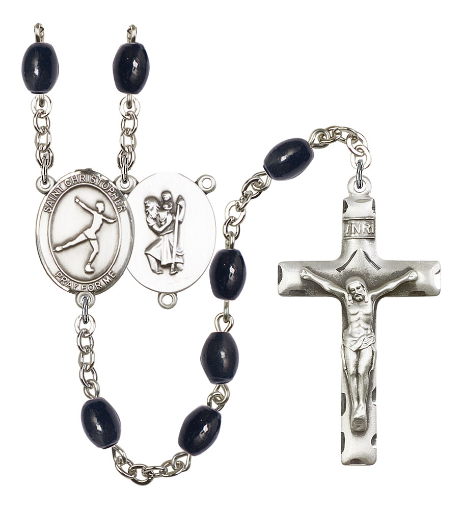 Saint Christopher and Figure Skating Rosary with 8X6mm Black Onyx Beads