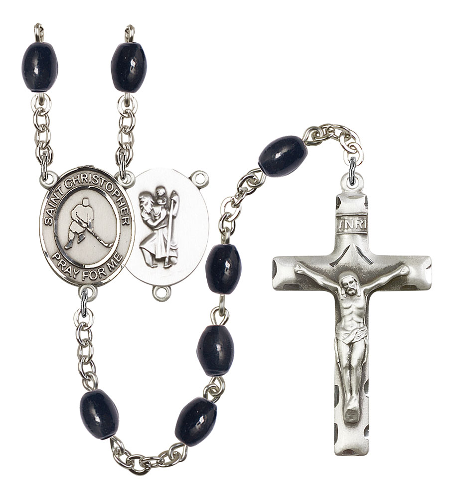 Saint Christopher and Ice Hockey Rosary with 8X6mm Black Onyx Beads