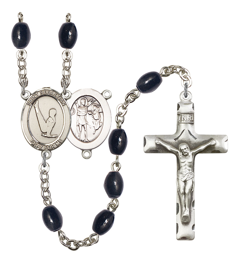 Saint Sebastian and Gymnastics Rosary with 8X6mm Black Onyx Beads