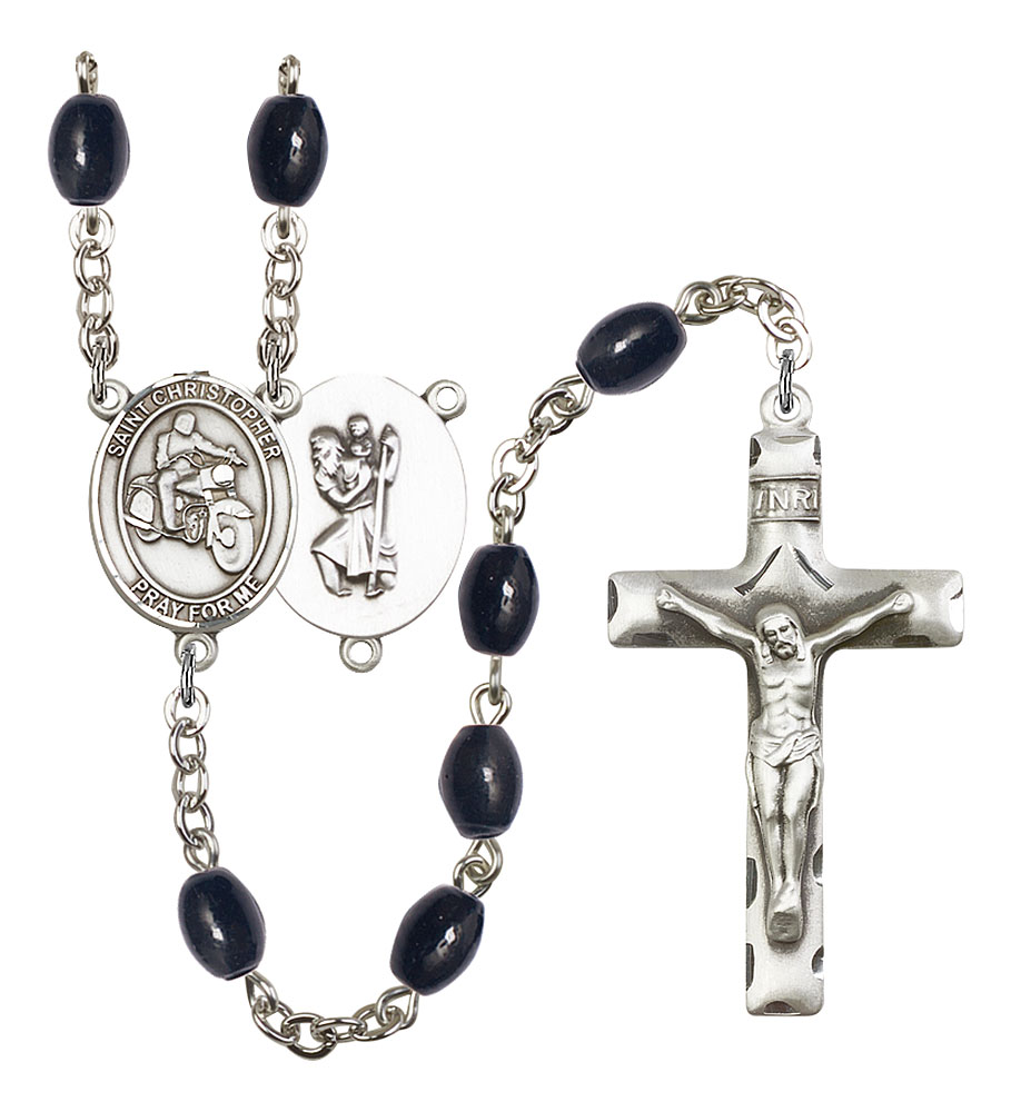 Saint Christopher and Motorcycle Rosary with 8X6mm Black Onyx Beads