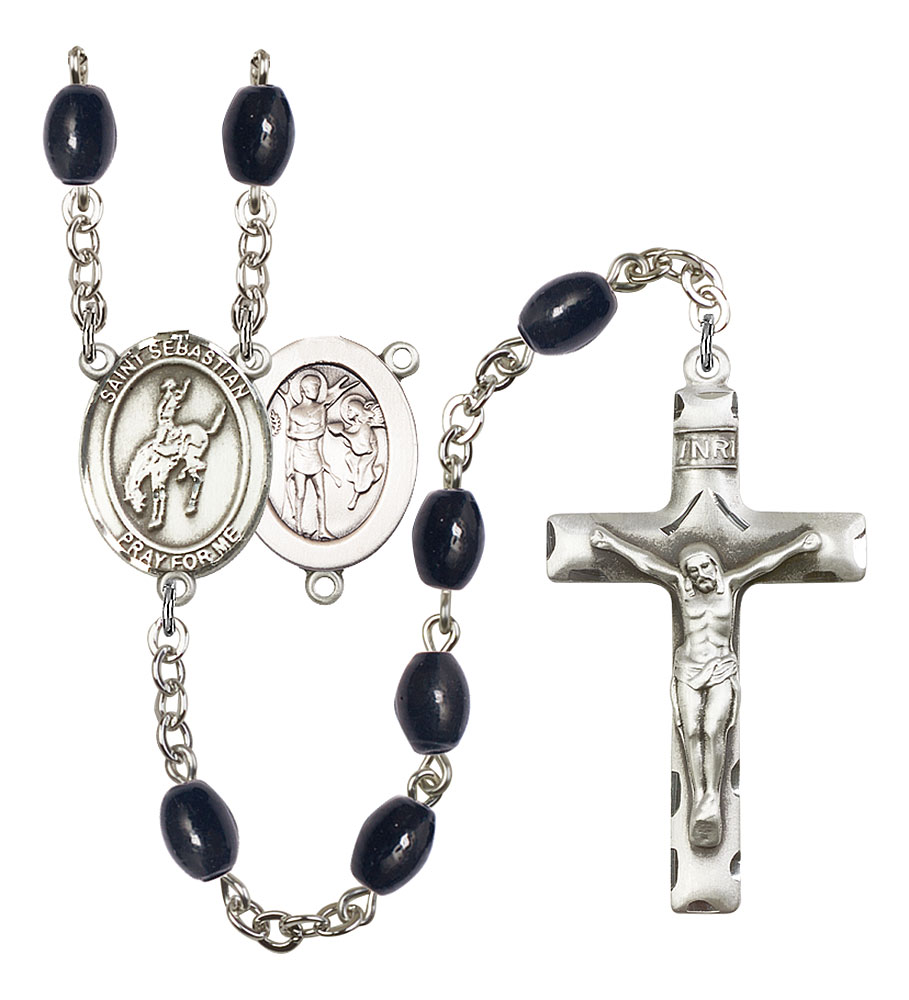 Saint Sebastian and Rodeo Rosary with 8X6mm Black Onyx Beads