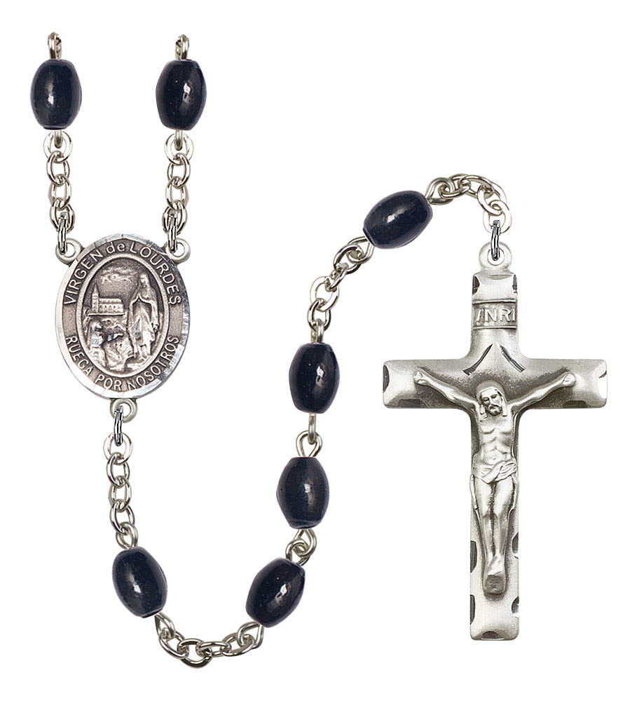 Virgen del Lourdes Engravable Rosary with 8X6mm Black Onyx Beads