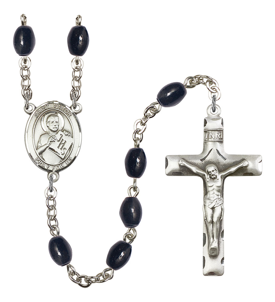 Saint Viator of Bergamo Engravable Rosary with 8X6mm Black Onyx Beads