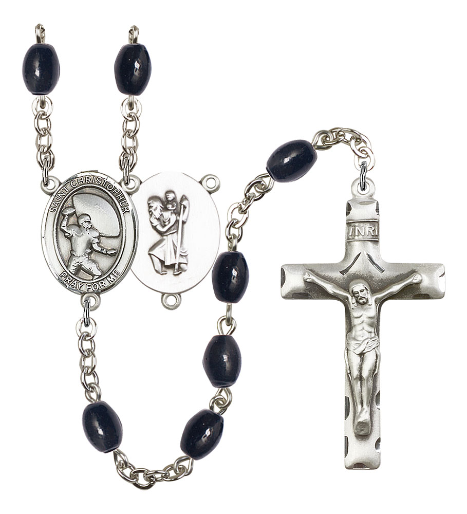 Saint Christopher and Football Rosary with 8X6mm Black Onyx Beads