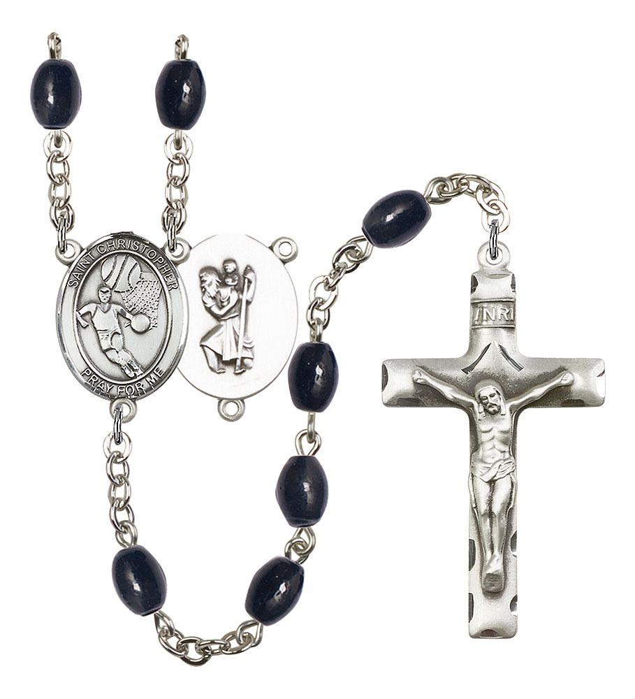 Saint Christopher and Basketball Rosary with 8X6mm Black Onyx Beads