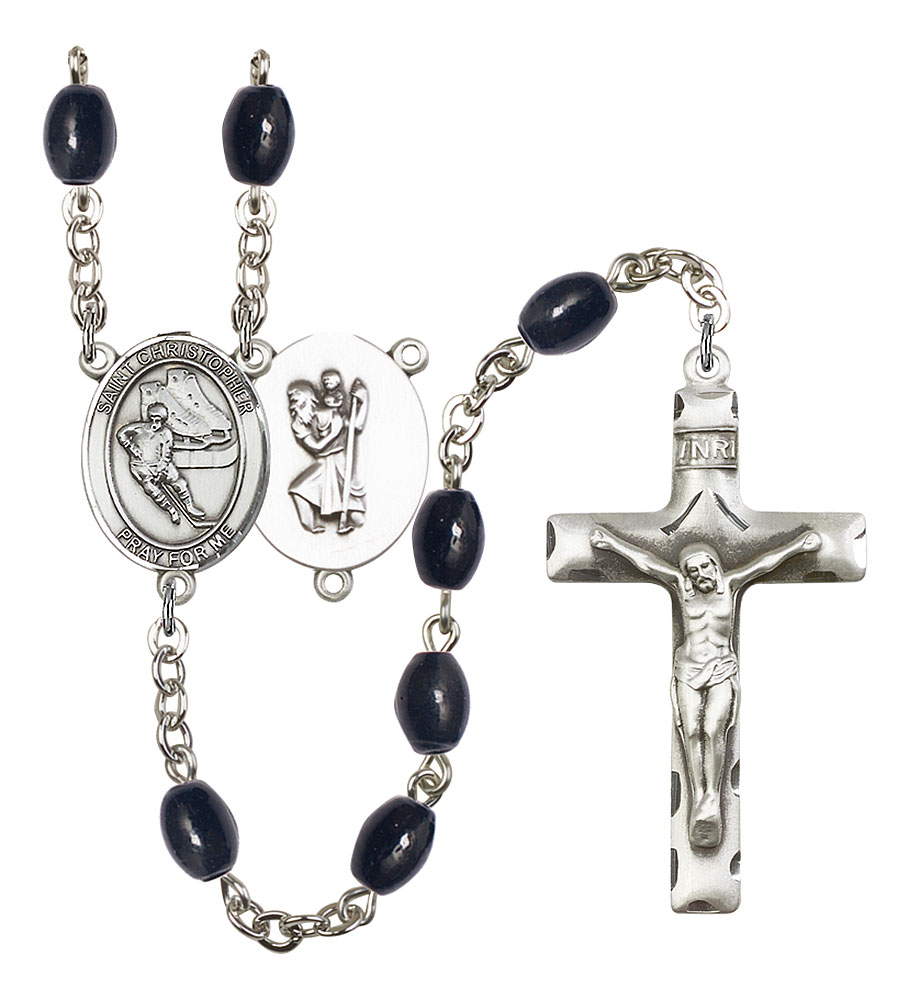 Saint Christopher and Hockey Rosary with 8X6mm Black Onyx Beads