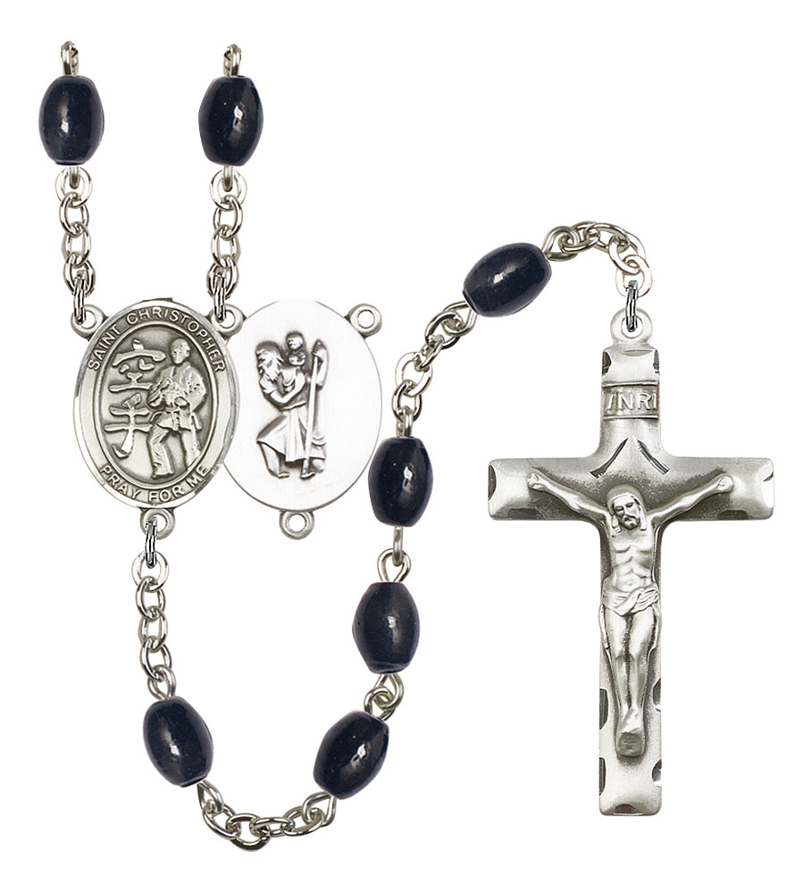 Saint Christopher and Karate Rosary with 8X6mm Black Onyx Beads