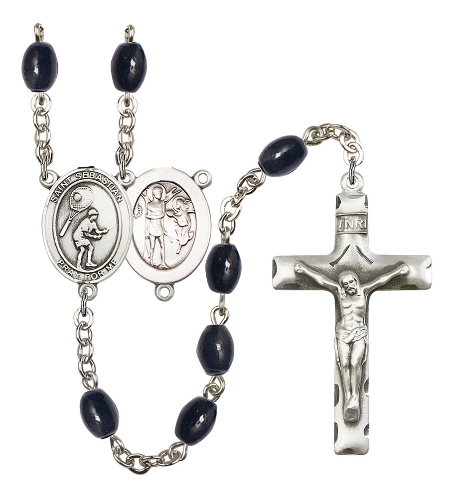 Saint Sebastian and Tennis Rosary with 8X6mm Black Onyx Beads