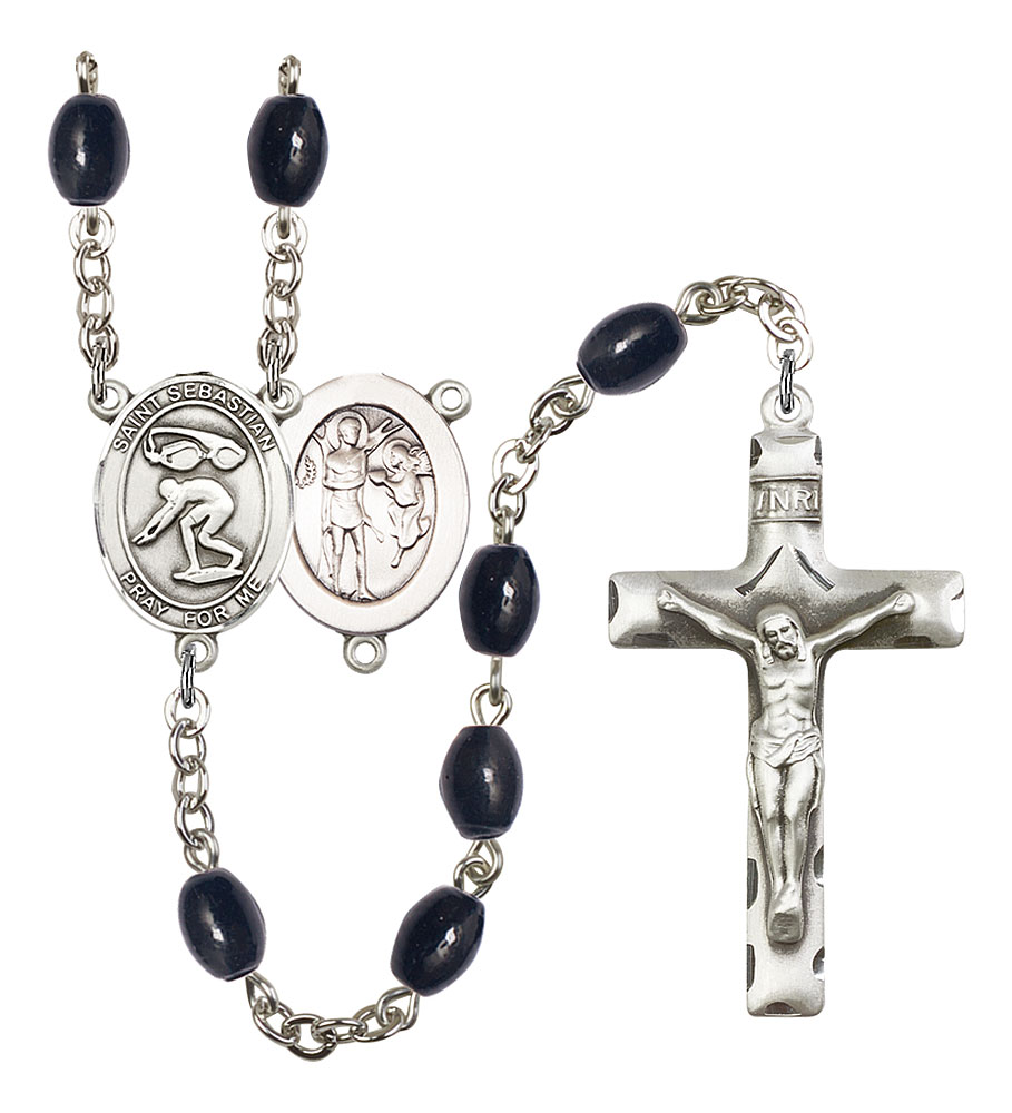 Saint Sebastian and Swimming Rosary with 8X6mm Black Onyx Beads