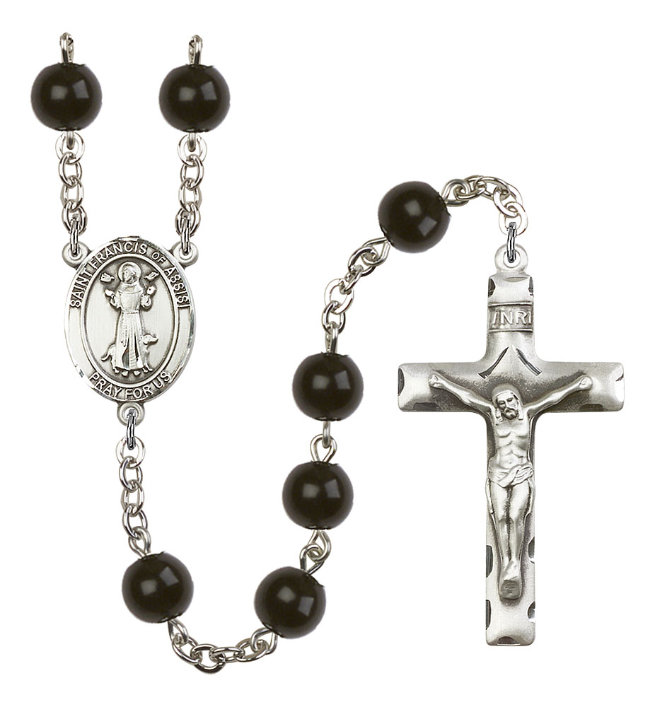 Saint Francis of Assisi Engravable Rosary with Black Onyx Beads