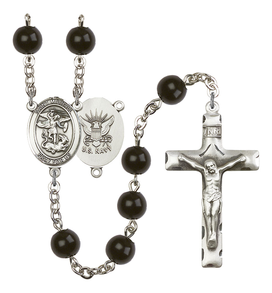 Saint Michael and Navy Rosary with Black Onyx Beads