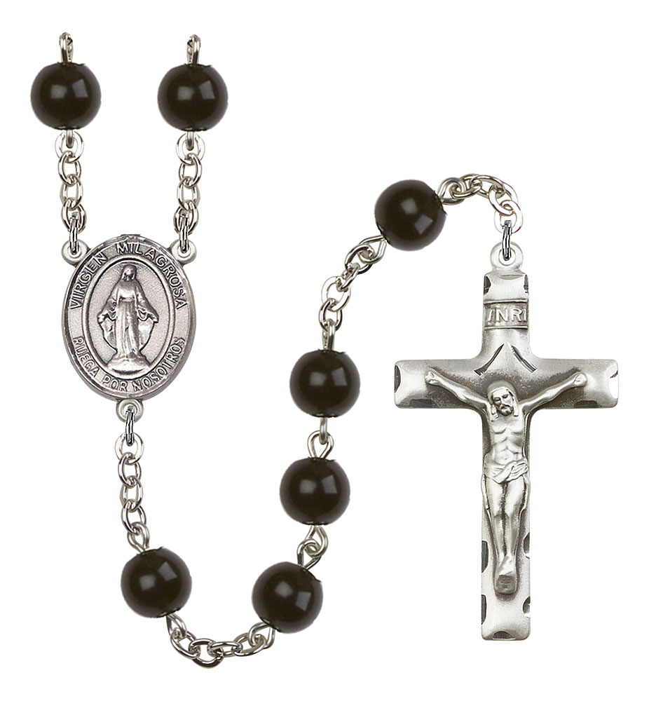 Virgen Milagrosa Engravable Rosary with Black Onyx Beads