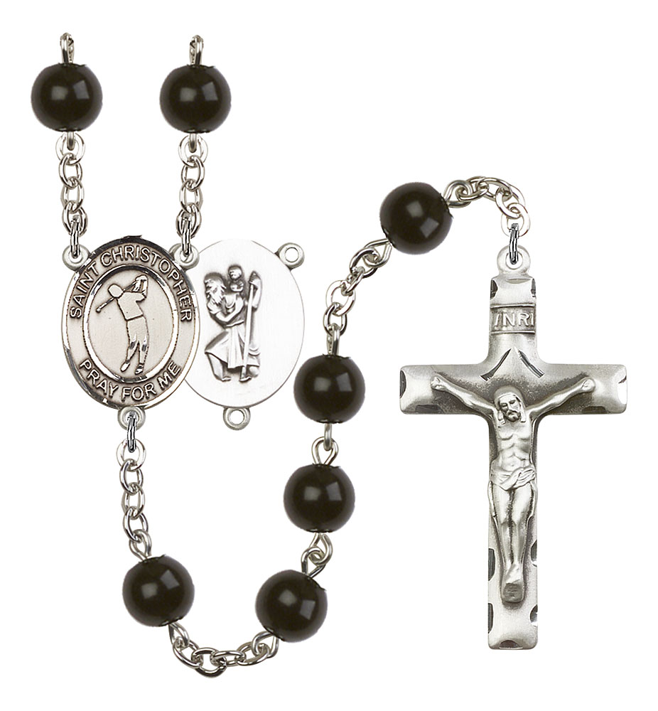 Saint Christopher and Golf Rosary with Black Onyx Beads