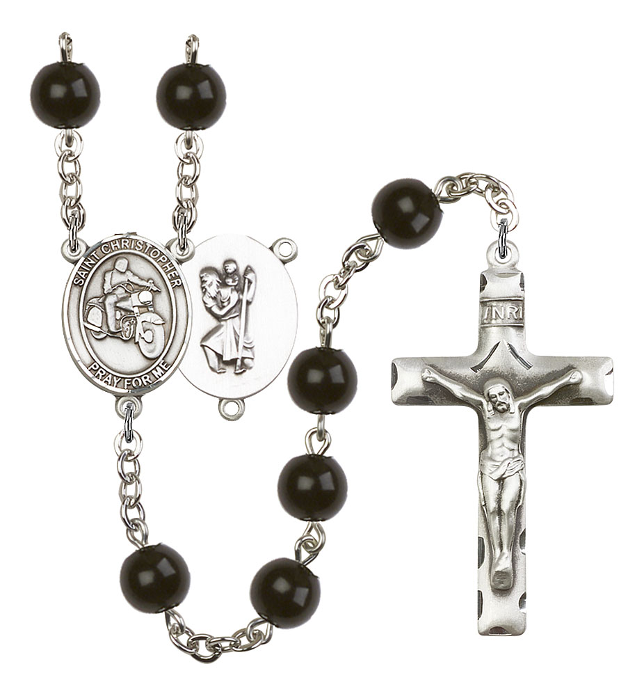 Saint Christopher and Motorcycle Rosary with Black Onyx Beads