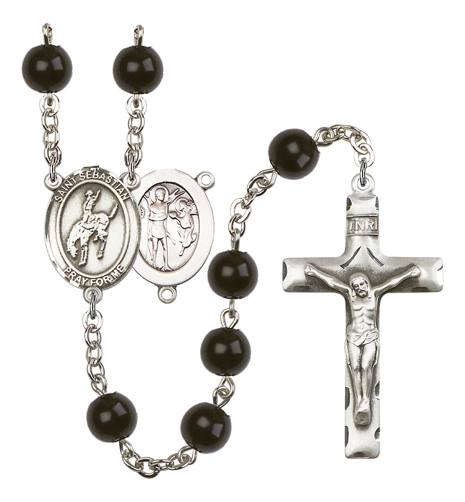 Saint Sebastian and Rodeo Rosary with Black Onyx Beads