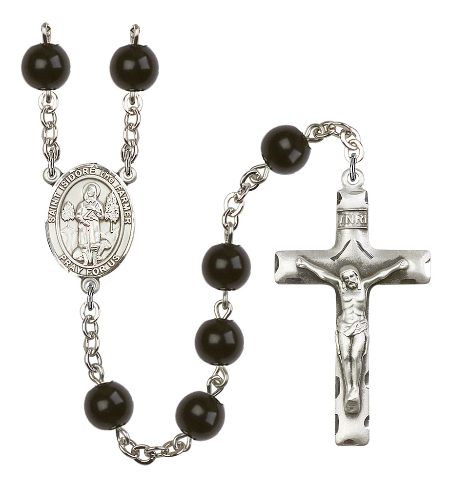 Saint Isidore the Farmer Engravable Rosary with Black Onyx Beads