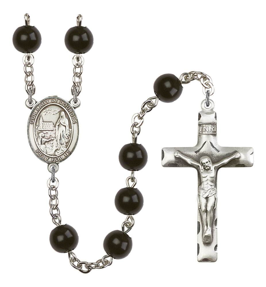Our Lady of Lourdes Engravable Rosary with Black Onyx Beads