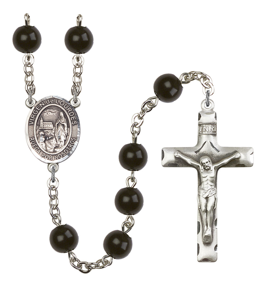 Virgen del Lourdes Engravable Rosary with Black Onyx Beads
