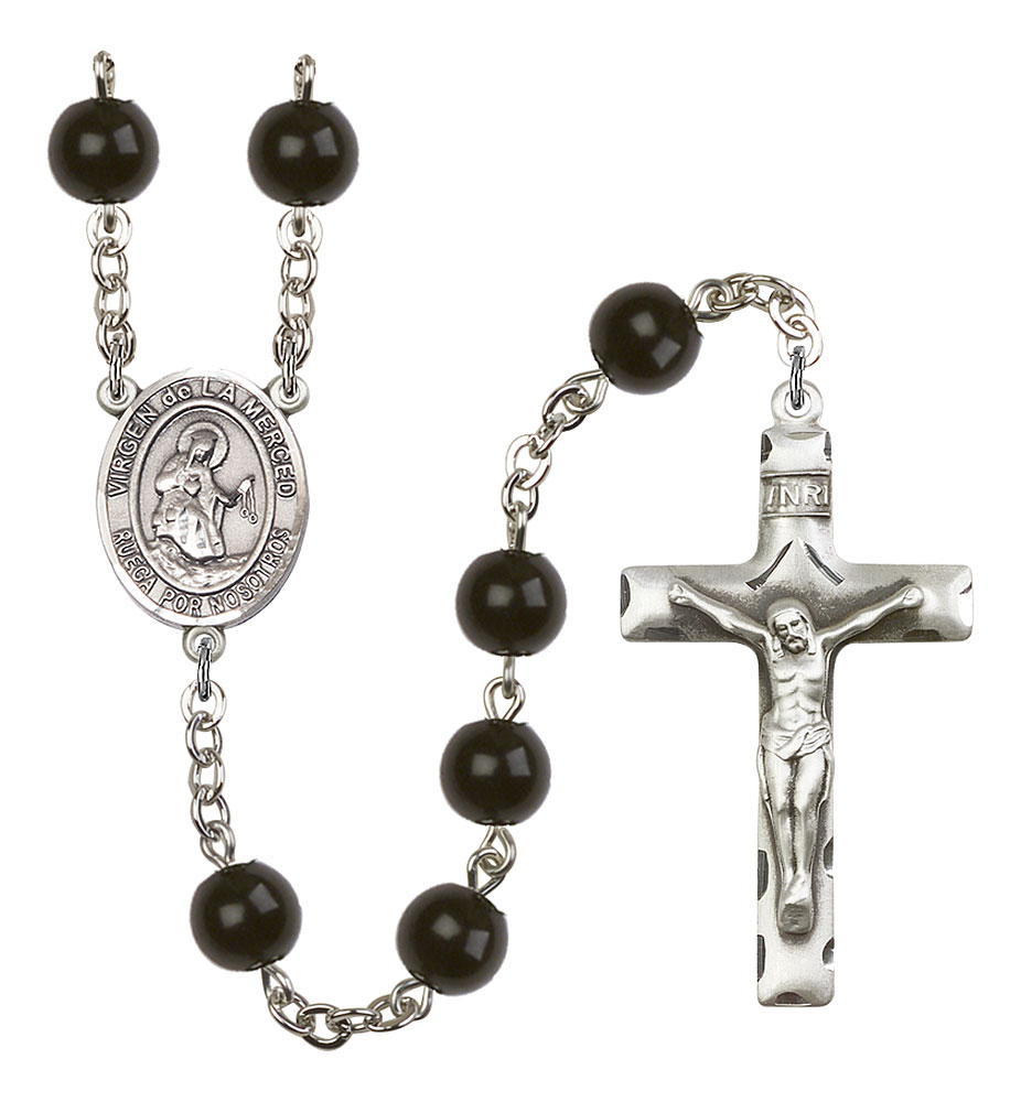 Virgen de la Merced Engravable Rosary with Black Onyx Beads