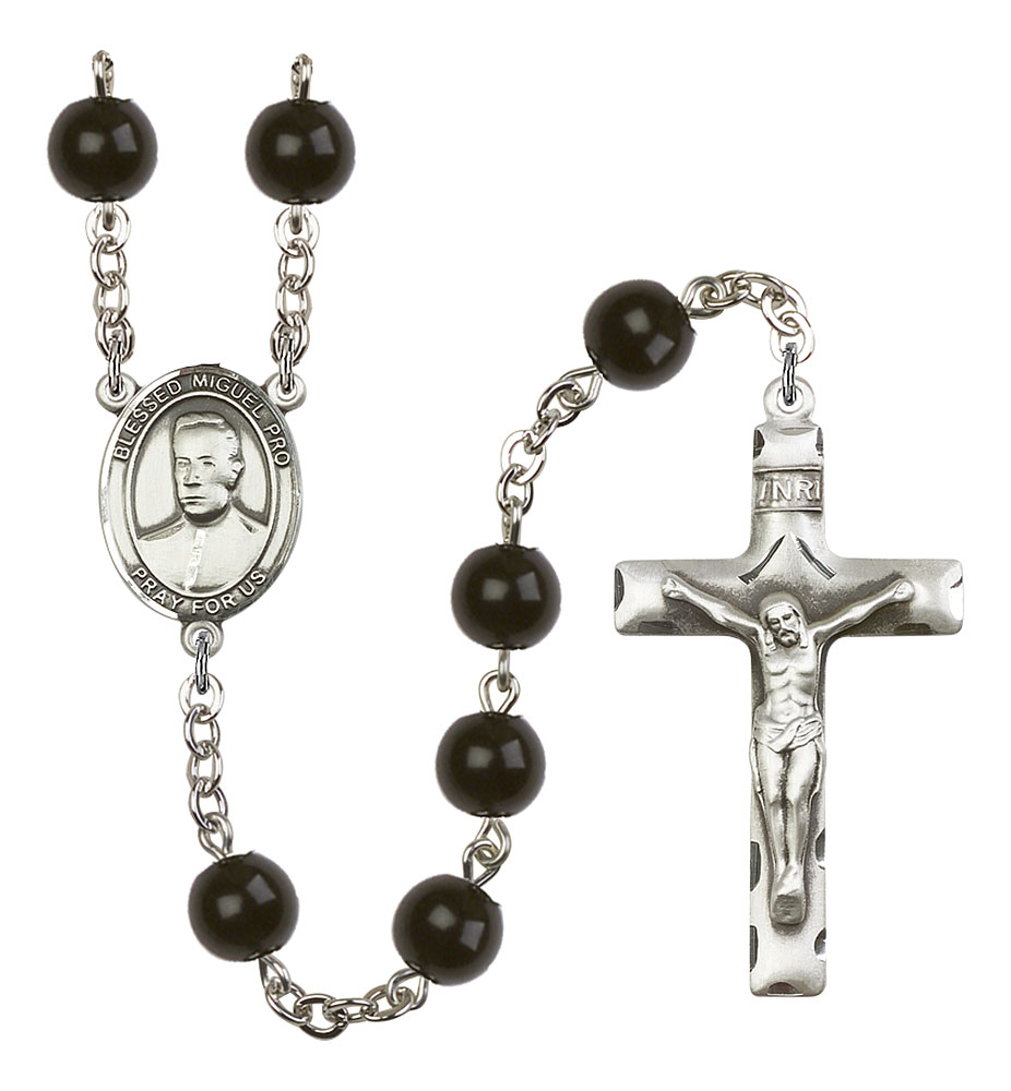 Blessed Miguel Pro Engravable Rosary with Black Onyx Beads