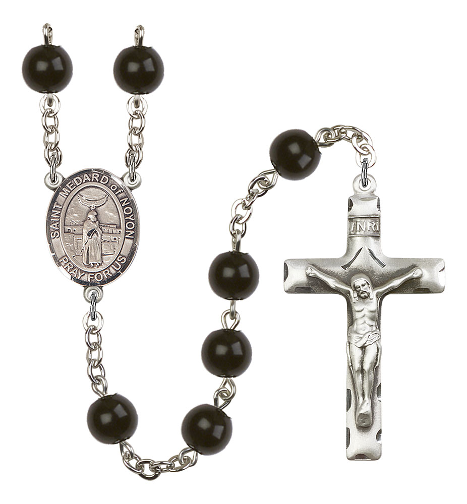 Saint Medard of Noyon Engravable Rosary with Black Onyx Beads