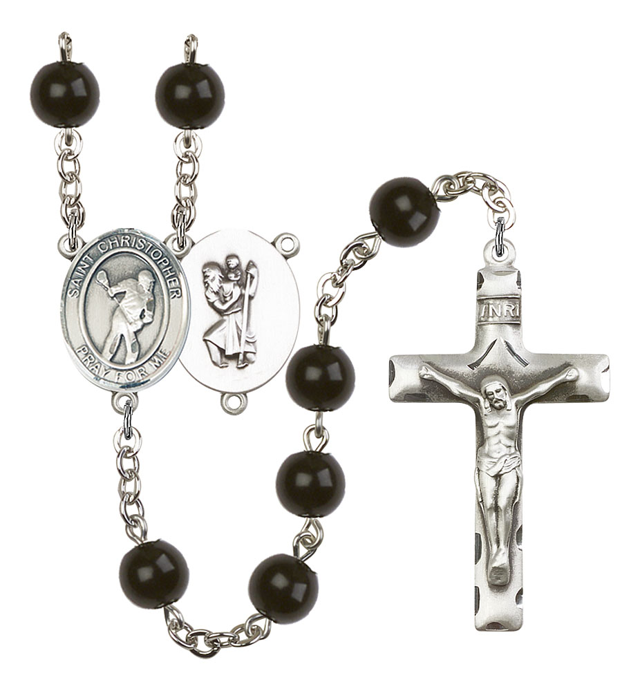 Saint Christopher and Lacrosse Rosary with Black Onyx Beads