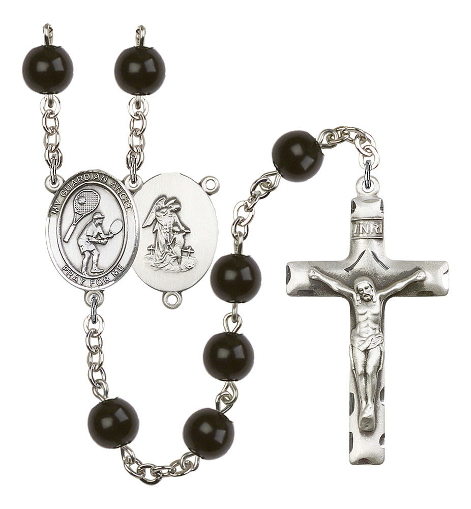 Guardian Angel and Tennis Rosary with Black Onyx Beads