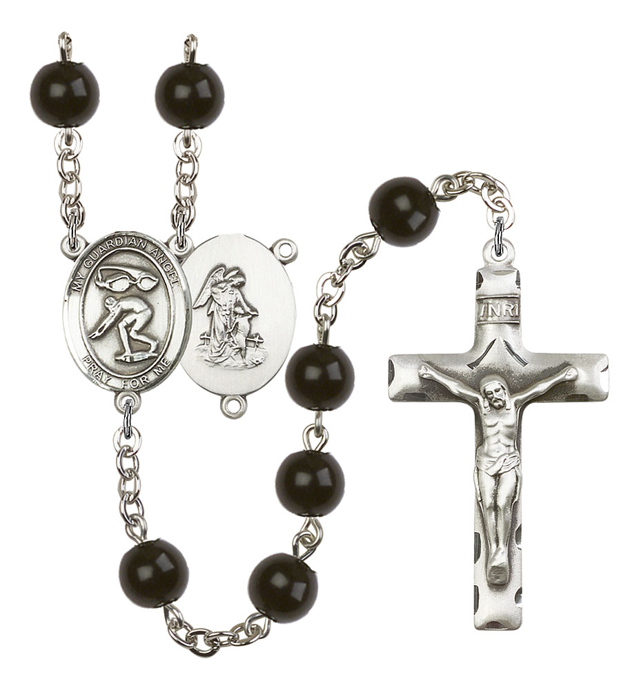 Guardian Angel and Swimming Rosary with Black Onyx Beads