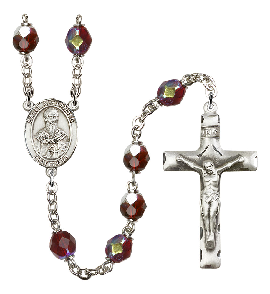 Saint Alexander Sauli Engravable Rosary with Garnet Aurora Borealis Beads