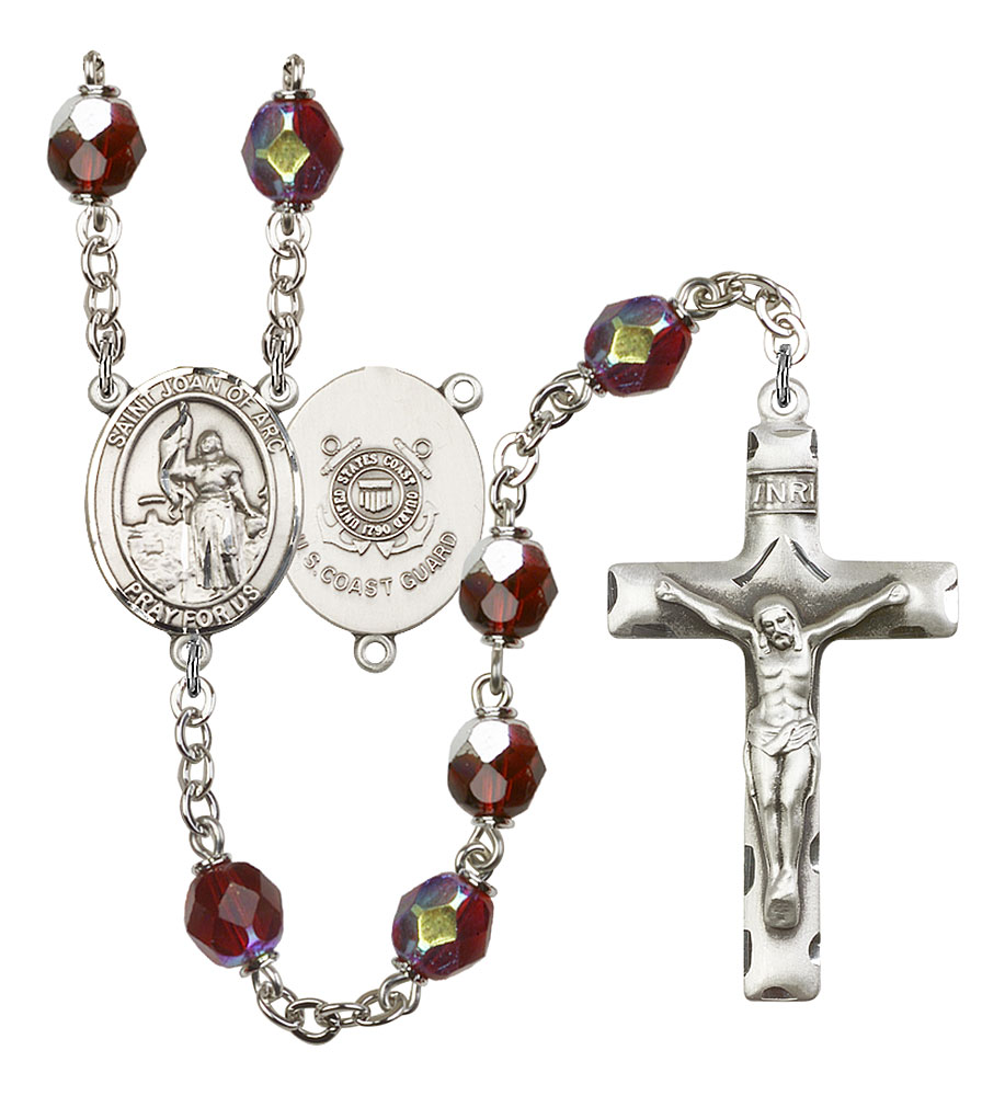 Saint Joan of Arc and Coast Guard Rosary with Garnet Aurora Borealis Beads