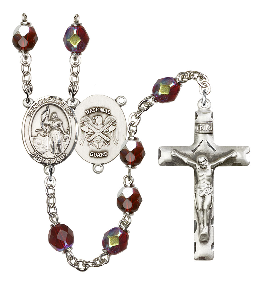 Saint Joan of Arc and Nat'l Guard Rosary with Garnet Aurora Borealis Beads