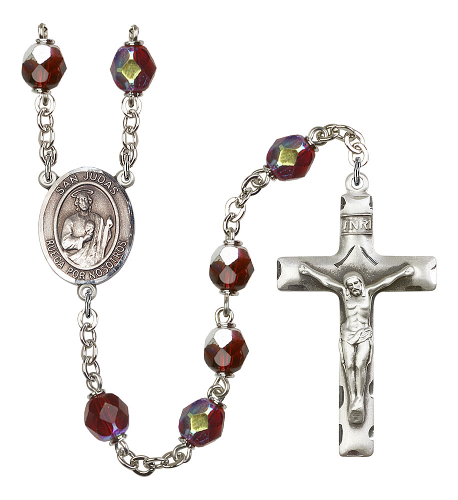 San Judas Engravable Rosary with Garnet Aurora Borealis Beads