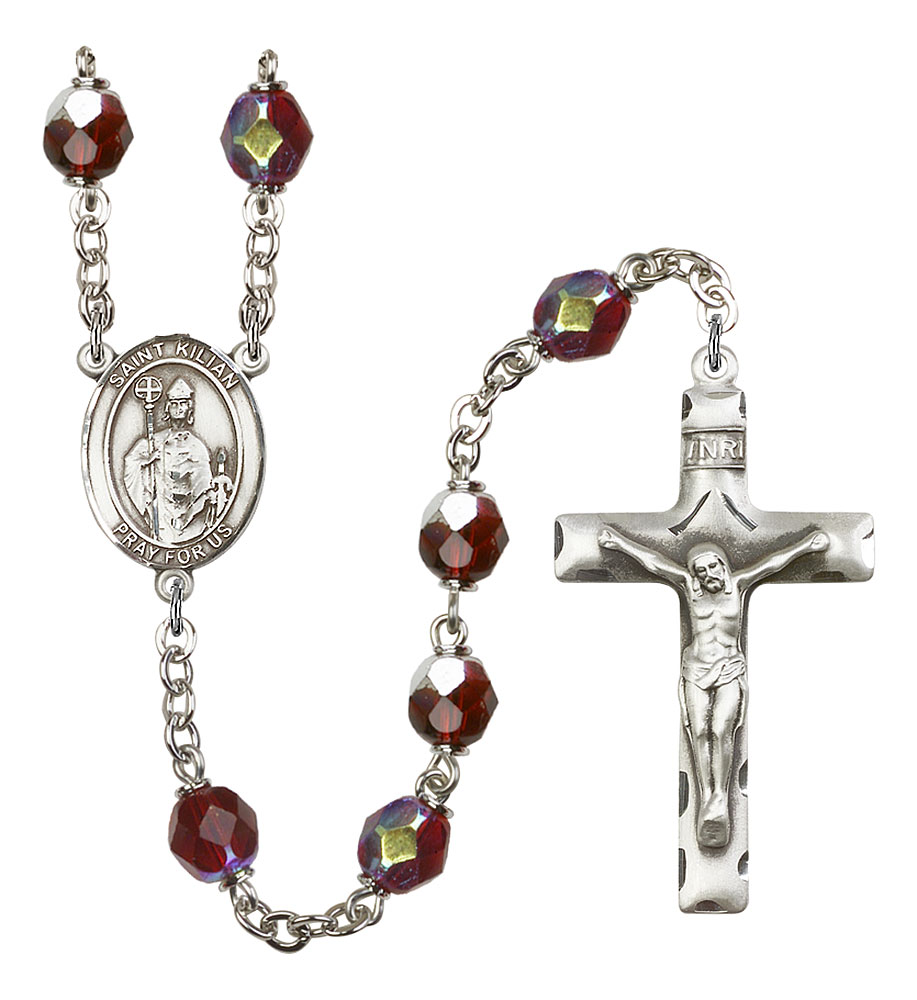 Saint Kilian Engravable Rosary with Garnet Aurora Borealis Beads