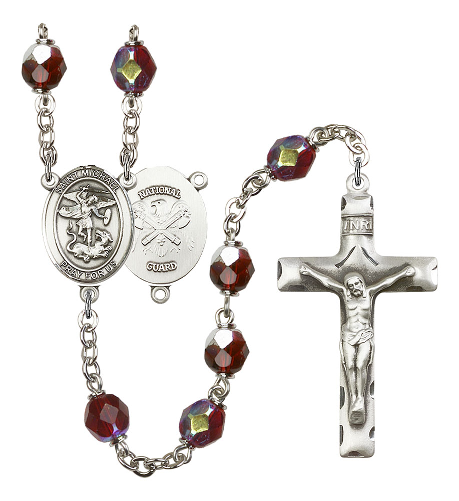 Saint Michael and Nat'l Guard Rosary with Garnet Aurora Borealis Beads