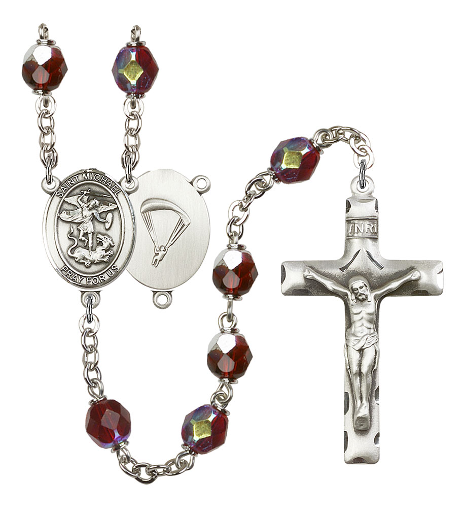 Saint Michael and Paratrooper Rosary with Garnet Aurora Borealis Beads