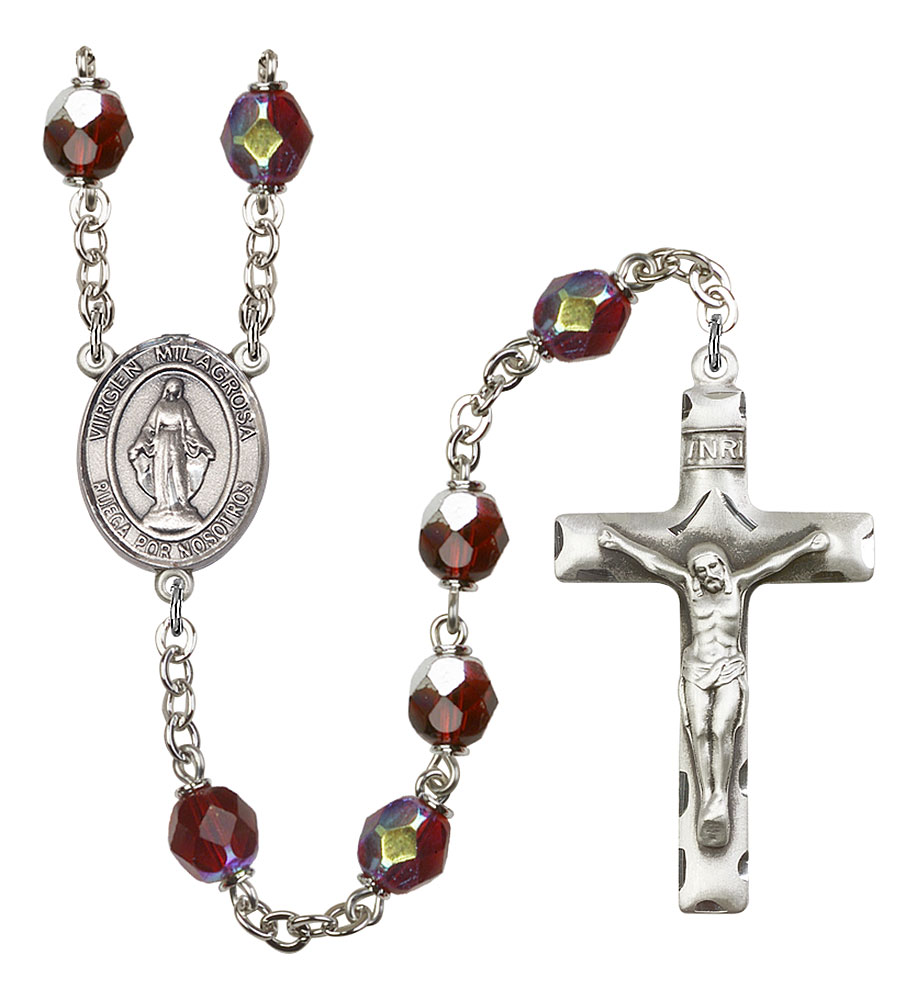 Virgen Milagrosa Engravable Rosary with Garnet Aurora Borealis Beads