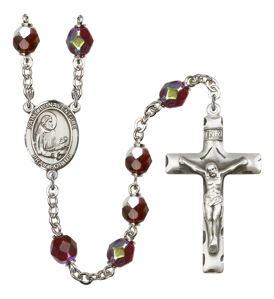 Saint Bonaventure Engravable Rosary with Garnet Aurora Borealis Beads