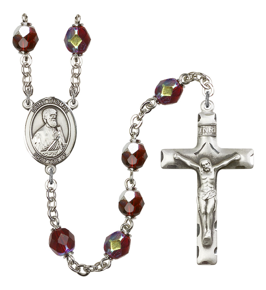 Saint Thomas the Apostle Engravable Rosary with Garnet Aurora Borealis Beads