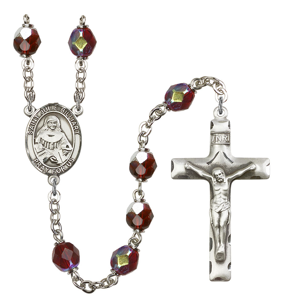 Saint Julie Billiart Engravable Rosary with Garnet Aurora Borealis Beads