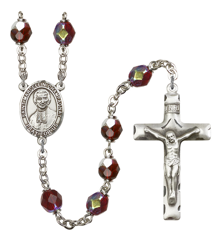 Saint Marcellin Champagnat Engravable Rosary with Garnet Aurora Borealis Beads